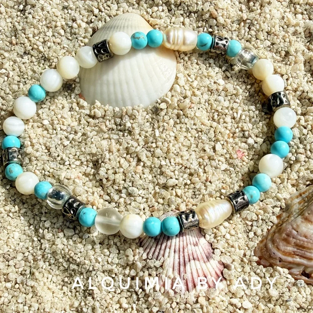 BEADED gold and blue TURQUOISE + FRESHWATER Pearl Bracelet